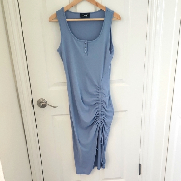 Cider Blue Ruched Midi Dress Rib Button Drawstring Curvy Large - Picture 1 of 7